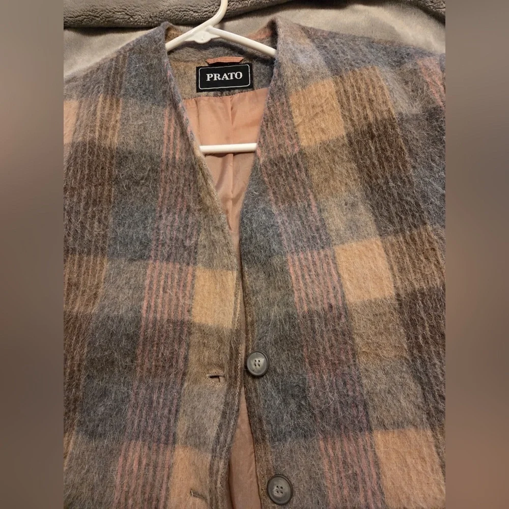 PRATO Vintage Mohair Wool Plaid Jacket Coat M L Neutral Soft Shaggy Cottagecore